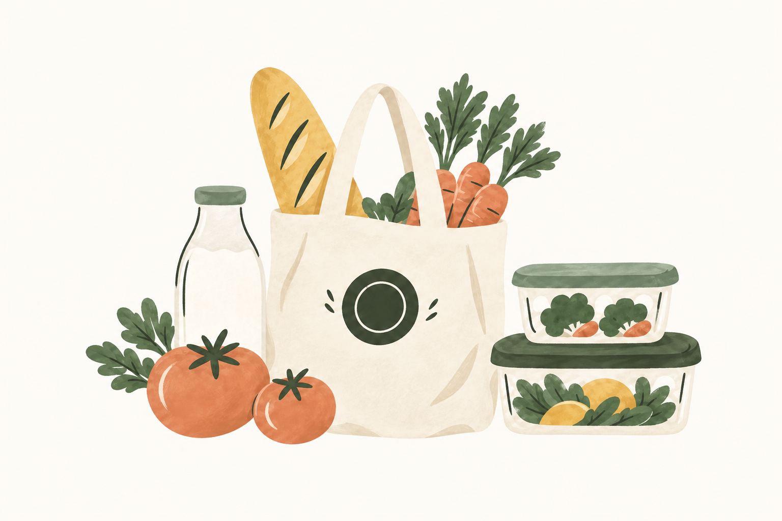 Illustration of a grocery bag and prepared food containers