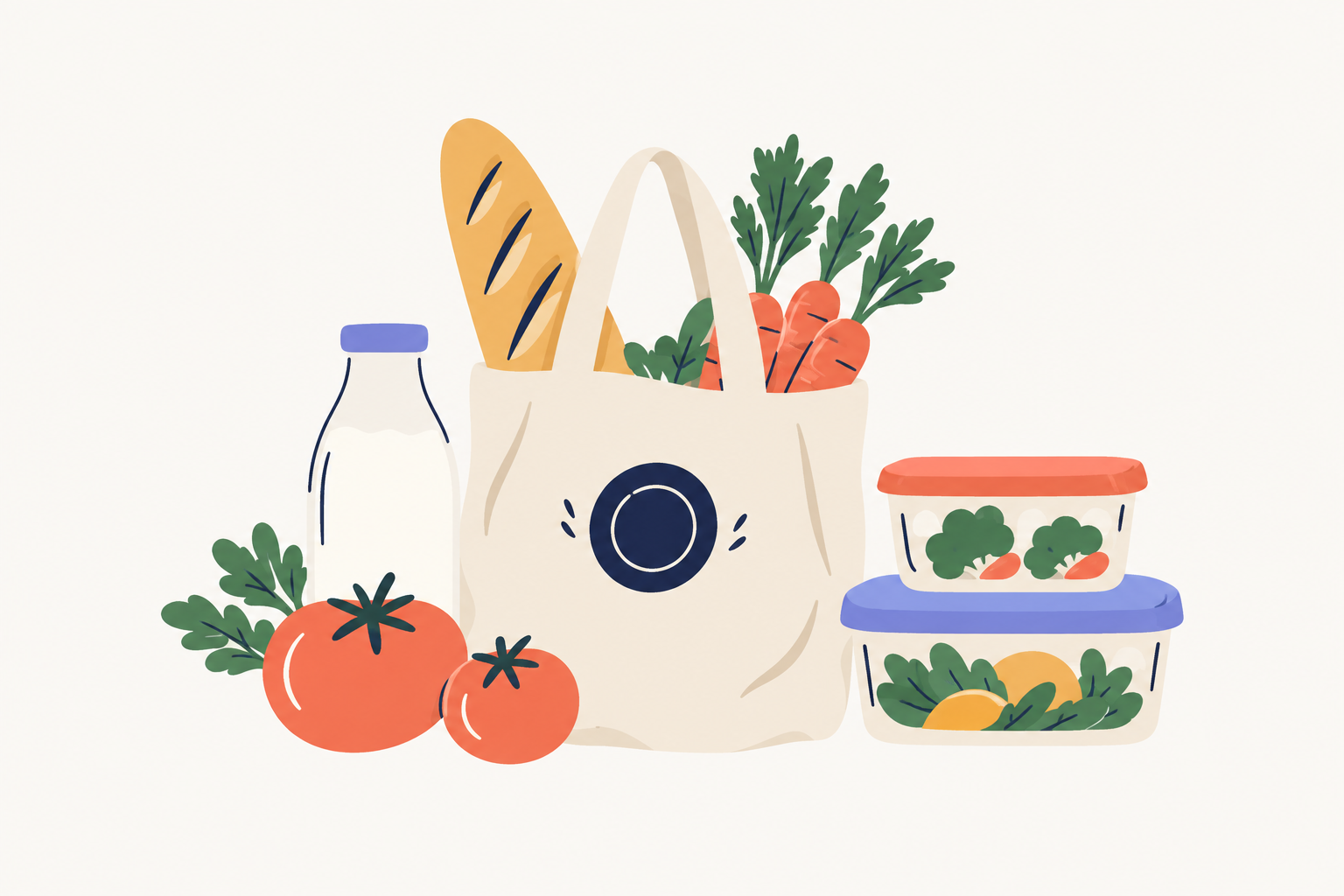 Ilustración de una bolsa de la compra y recipientes preparados
